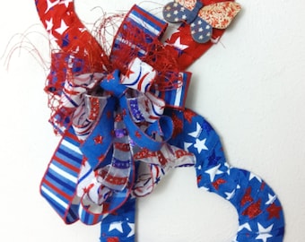 SALE, Patriotic Wreath, Patrotic Hearts, Patriotic Welcome Wreath, Patriotic Door Hanger, July 4th Decor, Independence Day, 4th of July