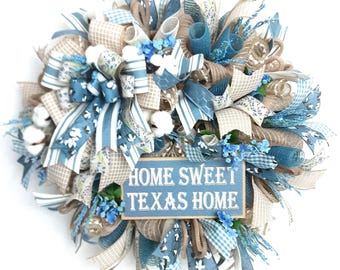 Corona de bienvenida de Texas: decoración rústica con flores azules, hogar dulce hogar