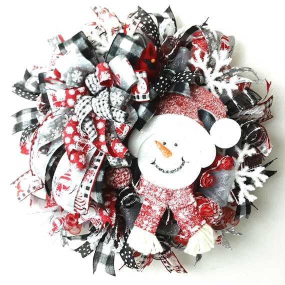 Winter Snowman Wreath, Buffalo Plaid, Snowflake Decor, Christmas Wreath for Front Door