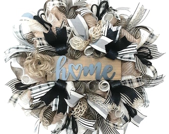Welcome &quot;Home&quot; Wreath, Burlap & Black Ribbon Farmhouse Wreath: Last One Available