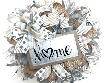 Farmhouse &quot;Home&quot; Wreath: Buffalo Plaid Decor, Everyday Neutral Ribbon Wreath