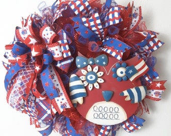 SALE, Patriotic Summer Wreath, Patrotic Wreath, Owl Wreath, Summer Wreath, Patriotic Owl, Summer Decor, July 4th Wreath, Independence Day