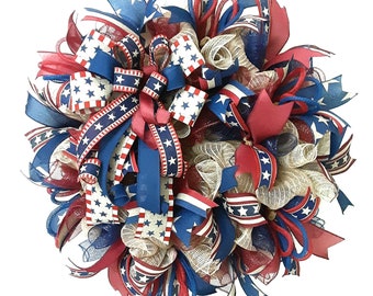 Americana Wreath, Patriotic Wreath, Rustic Wreath, 4th of July Wreath, Primitive Patriotic, Patriotic Farmhouse, Patriotic Ribbon Wreath,