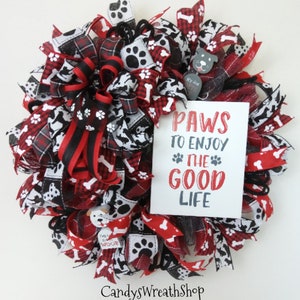 SALE, Paw Print Dog Wreath: Red, Black & White Dog Lover Decor