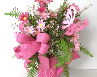 Floral Watercan Centerpiece: Pink Flowers, Butterfly Spring Summer Decor, Mother Gift