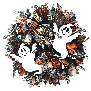 Ghost Halloween Wreath for Front Door, Spooky Boo Wreath, Black and Orange Decomesh Wreath, Halloween Welcome Wreath, Ghost Theme Wreath