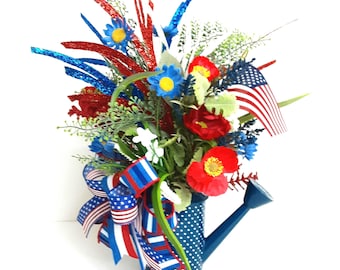 Patriotic Floral Centerpiece, 4th of July Decor, Red White Blue Arrangement, American Flag Table Decor