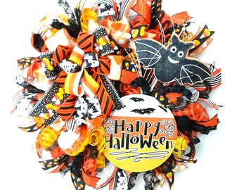 Candy Corn Halloween Wreath: Bat & Ribbon Door Decor