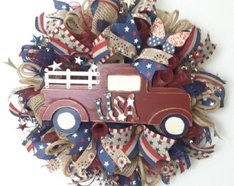 SALE, Patriotic Wreath, Rustic Truck Wreath, Summer Welcome Wreath, Burlap Wreath, Summer Wreath, July 4th, Independence Day, 4th of July