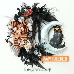 Halloween Cat Wreath: Black Grapevine Floral Front Door Decor
