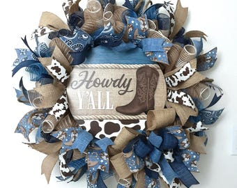 Howdy Y'all Western Wreath: Cowboy Boot, Burlap, Blue & Brown,  Welcome Front Door Wreath
