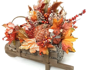 Fall Wheelbarrow Centerpiece: Mouse, Pumpkins & Autumn Foliage