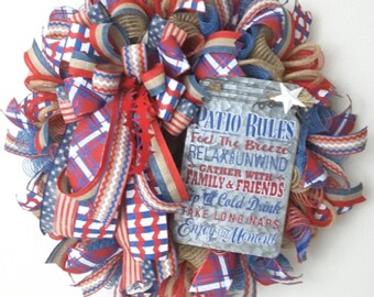 SALE, Summer Porch Wreath, Summer Wreath, Porch Wreath, Patio Wreath, Summer Decor, Patriotic Summer, Summer Welcome, Canning Jar Wreath