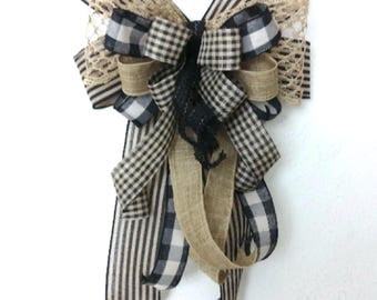 Farmhouse Bow: Buffalo Plaid, Gingham & Burlap, Handmade Lantern Wreath Decor