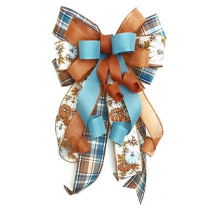 Fall Pumpkin Bow: Smoke Blue & Orange Plaid, Rustic Decor