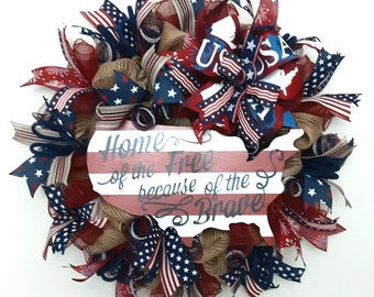 Patriotic Welcome Wreath, USA Wreath, Summer Wreath, Patriotic Front Door Wreath, Home of the Free Wreath, Americana Wreath, Patriotic Decor