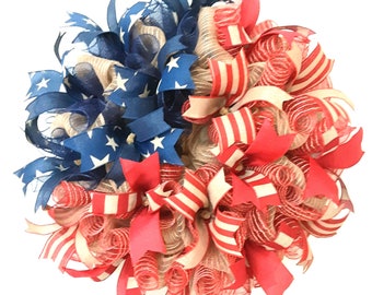 Patriotic Wreath, Flag Wreath, Patriotic Summer Wreath, Patriotic Welcome Wreath, Patriotic Burlap Wreath, Independence Day, Military Decor