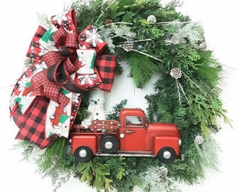 Christmas Welcome Wreath, Red Truck Wreath, Christmas Truck Wreath, Christmas Evergreen, Christmas Buffalo Plaid Wreath, Evergreen Wreath
