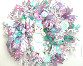 Pastel Snowman Wreath, Candy Christmas Decor, Snowflake Wreath, Christmas Wreath for Front Door,