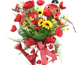 Ladybug Floral Watercan Centerpiece: Red & Yellow Spring Summer Decor, Mother Gift