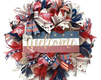 Patriotic Welcome Wreath, Americana Wreath, Summer Patriotic Wreath, July 4th Wreath, Patriotic Front Door Wreath, Patriotic Wall Decor