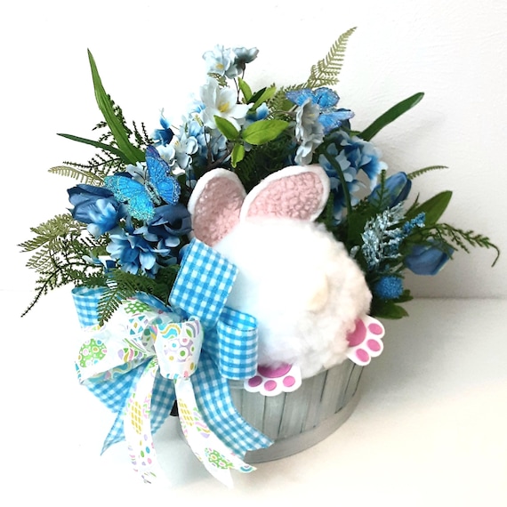 Bunny Butt Easter Centerpiece, Blue Tulips, Spring Floral Basket
