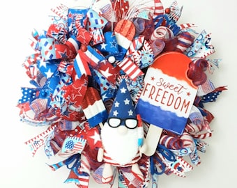 Patriotic Welcome Wreath, Summer Gnome Wreath, Popsicle Wreath, Patriotic Decor, Patriotic Gnome Wreath, Patriotic Popsicle Wreath