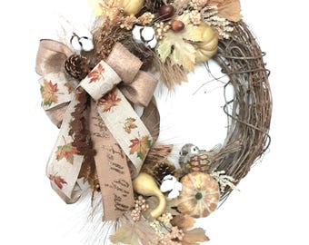 SALE, Fall Pumpkin Wreath: Farmhouse Autumn Grapevine Decor
