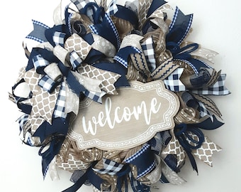 Farmhouse Welcome Wreath: Handmade Blue Beige Buffalo Plaid Decor