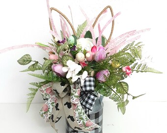 Bunny Ears Floral Arrangement, Buffalo Plaid Easter Centerpiece, Spring Tulip Table Decor