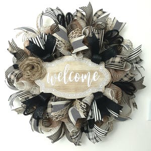 Welcome Wreath, Burlap & Black Ribbon Farmhouse Wreath: Neutral Decor