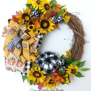 SALE, Sunflower Grapevine Wreath, Fall Sunflower Wreath, Fall Floral Grapevine, Farmhouse Fall Decor, Fall Welcome Buffalo Plaid Wreath