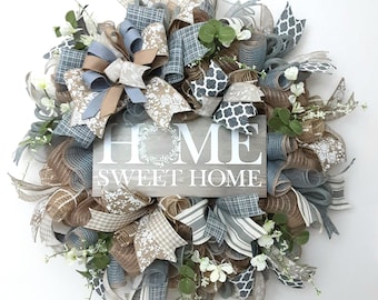 Home Sweet Home Wreath, Farmhouse Welcome Wreath, Everyday Wreath, Floral Decomesh Wreath, Farmhouse Decor, Farmhouse Front Door Wreath