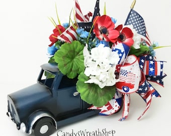 Patriotic Truck Centerpiece, Summer Centerpiece, Flag Centerpiece, Patriotic Decor, Floral Truck Arrangement, 4th of July, Red White Blue