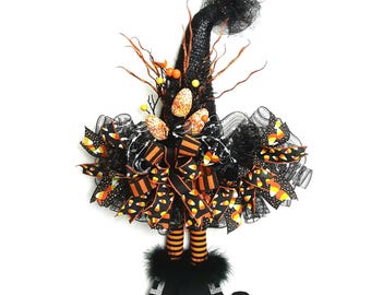 Candy Corn Witch Hat Wreath: Handmade Halloween Trick or Treat Door Hanger