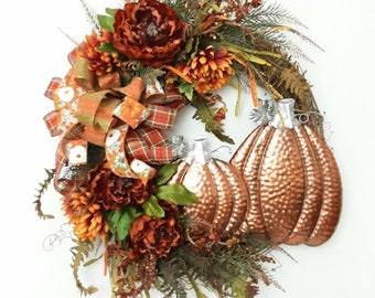 Handmade Fall Pumpkin Grapevine Wreath, Floral Thanksgiving Decor