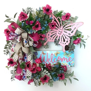 Butterfly Welcome Wreath, Floral Grapevine Wreath, Spring Butterfly Wreath, Butterfly Wall Decor, Pink Floral Front Door Wreath, Mother Gift