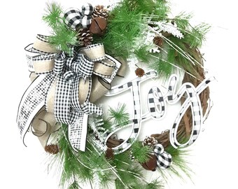 Buffalo Plaid Christmas Joy Wreath, Winter Snowflakes, Christmas Wreath for Front Door