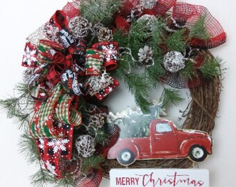 Christmas Wreath, Buffalo Plaid, Red Truck, Rustic Wreath, Truck Wreath, Christmas Grapevine, Buffalo Plaid Wreath, Holiday Wreath