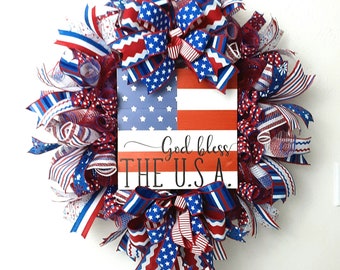 Patriotic Welcome Wreath, Americana Wreath, Summer Patriotic Wreath, July 4th Wreath, Patriotic Front Door Wreath, Flag Wreath, Flag Decor