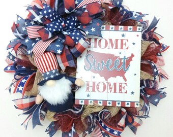 Americana Wreath, Patriotic Wreath, Gnome Wreath, USA Wreath, Summer Wreath, Patriotic Summer, Patriotic Home Sweet Home, Patriotic Gnome