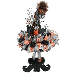 Handmade Witch Hat Halloween Wreath: Striped Decor Mesh, Glitter Accents