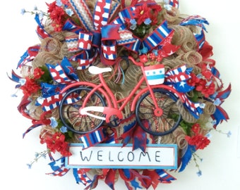 Patriotic Welcome Wreath, Patriotic Summer Wreath, Patriotic Bicycle Wreath, Patriotic Front Door Wreath, Patriotic Floral Decomesh Wreath
