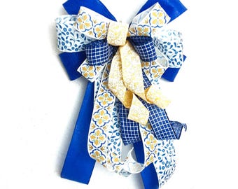 Floral Blue & Yellow Bow, Chinoiserie Ribbon, Spring Decor