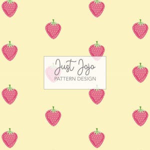 May include: A seamless pattern featuring a repeating design of red strawberries on a light yellow background. The text "Just Jojo PATTERN DESIGN" is centered on the pattern.