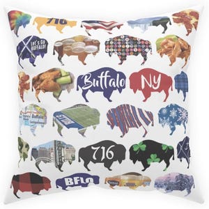 May include: White throw pillow with a repeating pattern of buffalo silhouettes, each filled with different designs and colors. Some buffalo shapes have text, including "716", "Buffalo", and "NY".