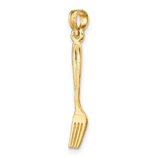 14K or 10K Solid Yellow Gold Polished 3-D Table Fork Charm Pendant Charm .8" Long x 4mm Wide. Great 4 Necklace / Charm Bracelet