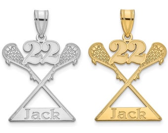 Personalized Name & Number 14k Yellow or White Gold or Sterling Silver or Gold-Plated Silver Lacrosse Sticks Laser Engraved Customized