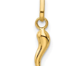 14k Tiny Solid Yellow Gold Italian Horn Pendant Charm Good Luck for a Chain or Necklace  .5" Long. Not Gold Plated. Real 14K Gold