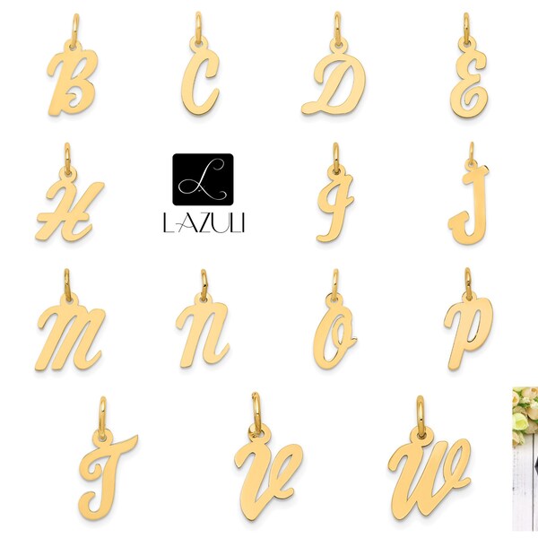 10K or 14K Solid Gold Initial Letter Alphabet Charm Pendant 1/2 " Long Script Font Simple Minimalist Yellow, White or Sterling Silver